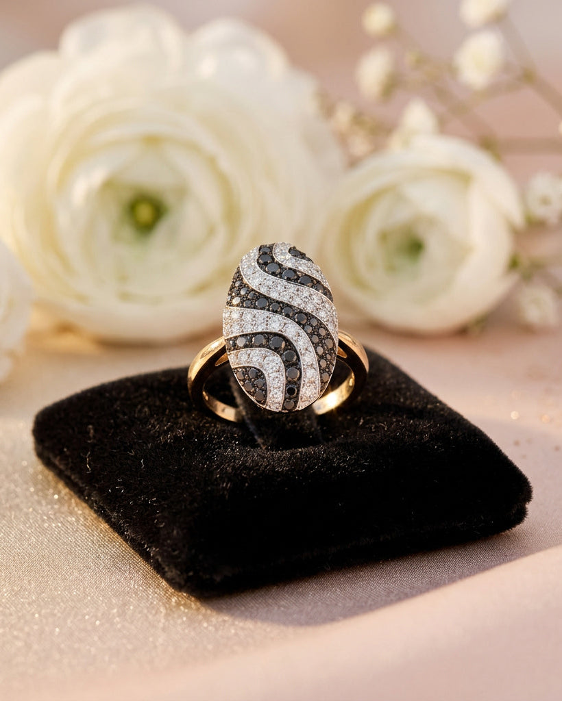 Black Diamond and Diamond Rose / White Gold Ring