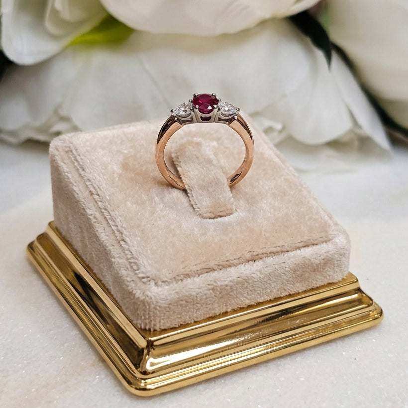 18ct Rose / White gold 3 stone Ruby & Diamond ring