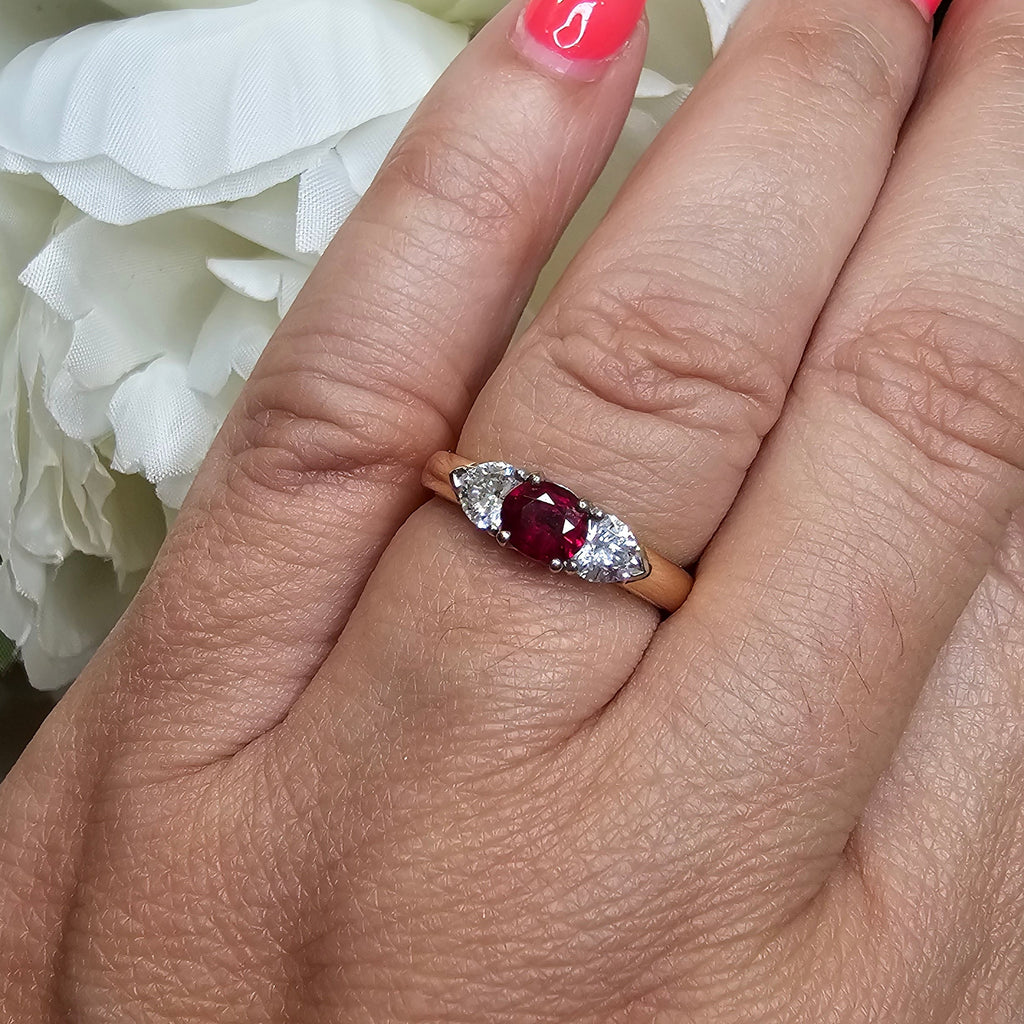 18ct Rose / White gold 3 stone Ruby & Diamond ring