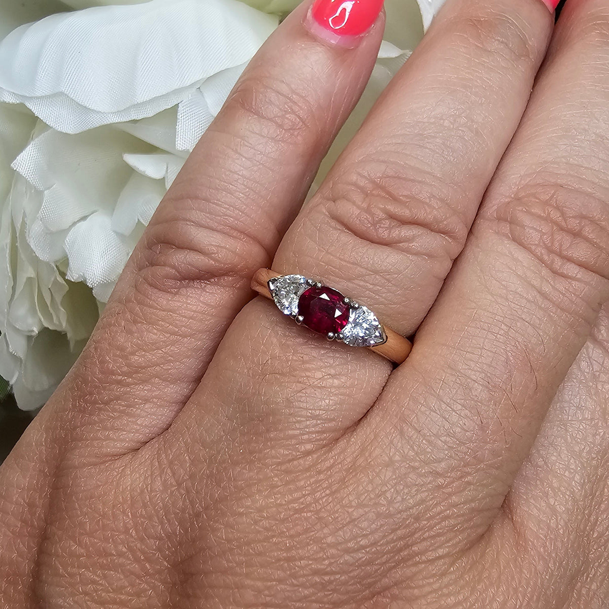 18ct Rose / White gold 3 stone Ruby & Diamond ring
