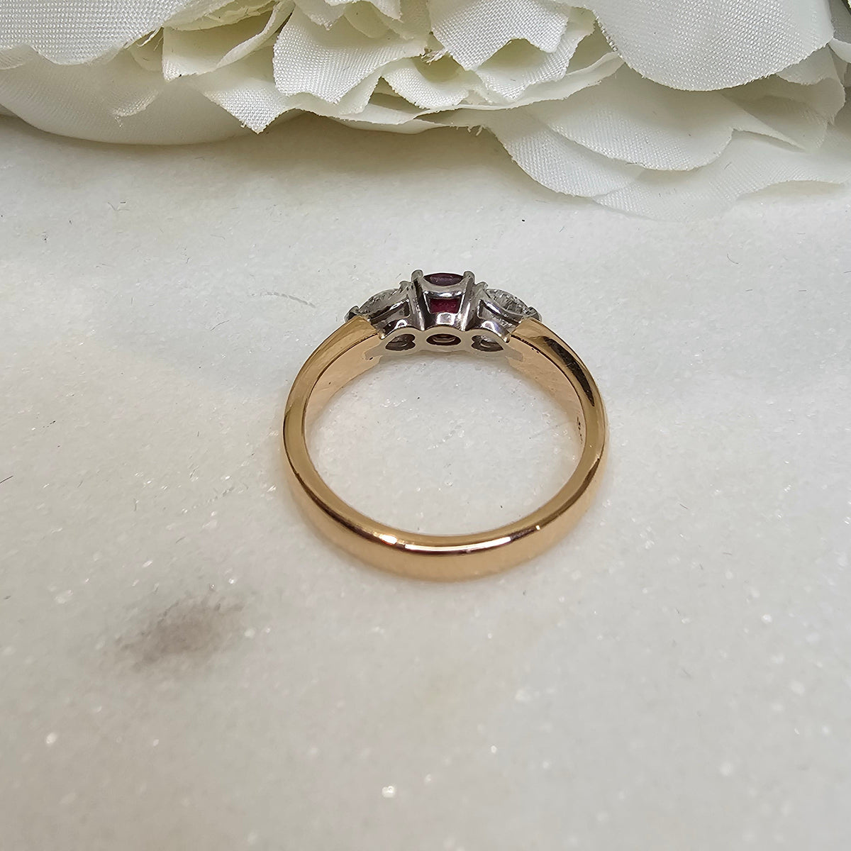 18ct Rose / White gold 3 stone Ruby & Diamond ring