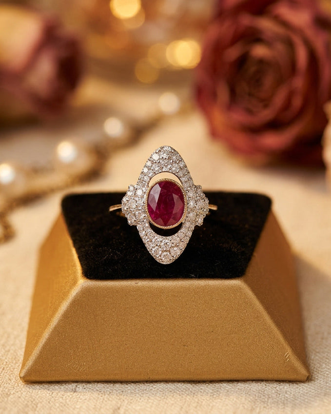 1.75 Carat Ruby and Diamond Ring in 14Ct Yellow Gold - Art Deco Style