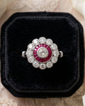 Old Mine Cut Diamond and Ruby Baguette Halo Cluster Ring