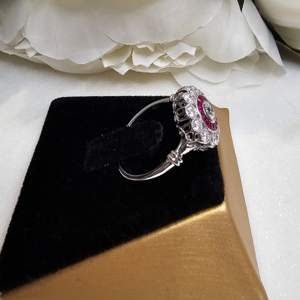 Old Mine Cut Diamond and Ruby Baguette Halo Cluster Ring