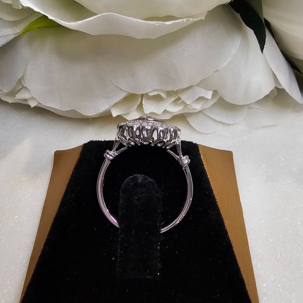 Old Mine Cut Diamond and Ruby Baguette Halo Cluster Ring