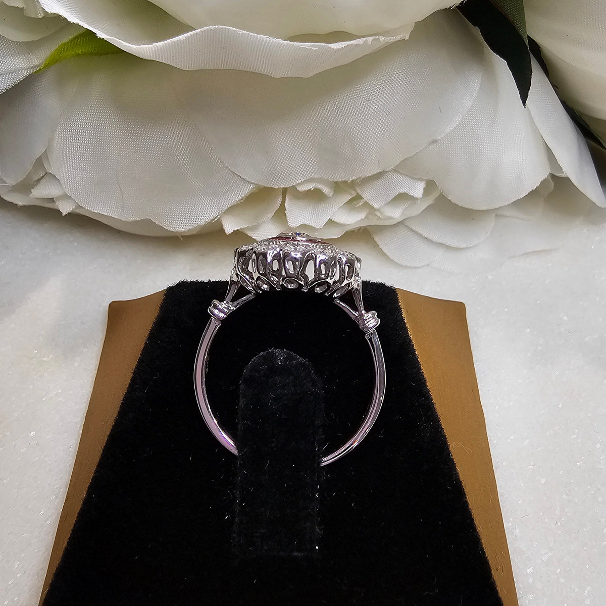 Old Mine Cut Diamond and Ruby Baguette Halo Cluster Ring