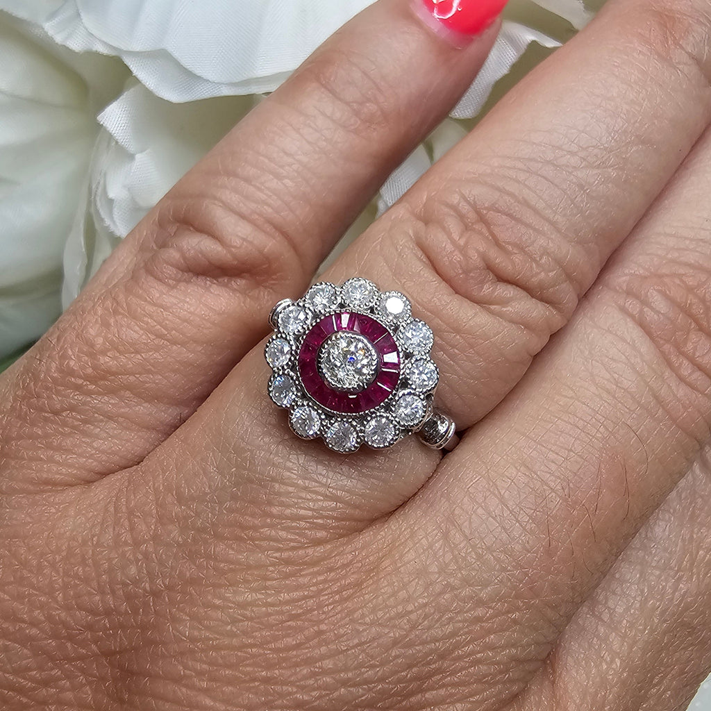 Old Mine Cut Diamond and Ruby Baguette Halo Cluster Ring