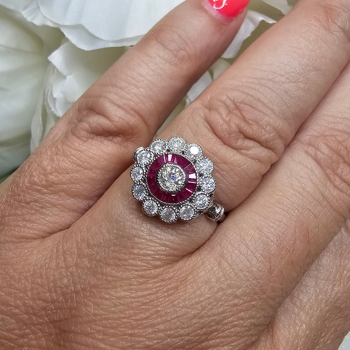 Old Mine Cut Diamond and Ruby Baguette Halo Cluster Ring