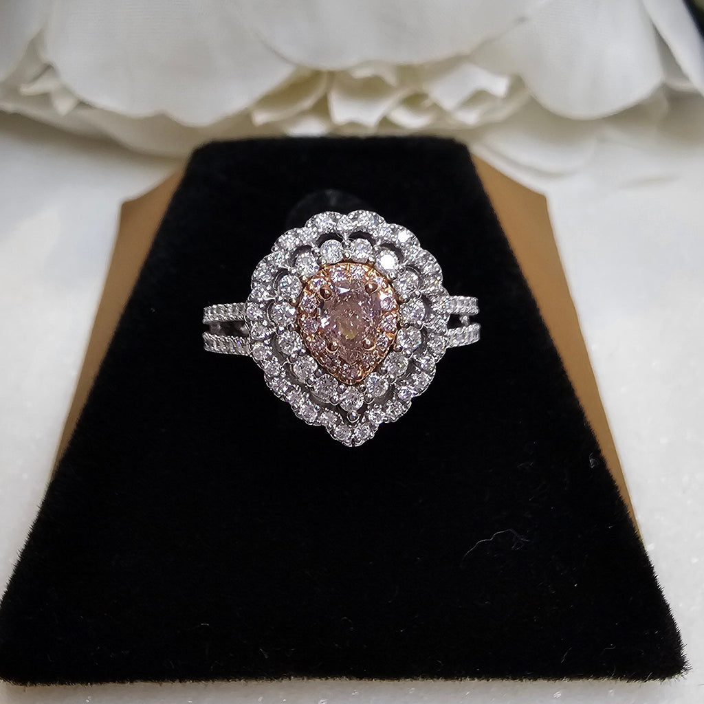 14ct White/Rose Fancy Pink Diamond and Diamond Cluster Halo Ring