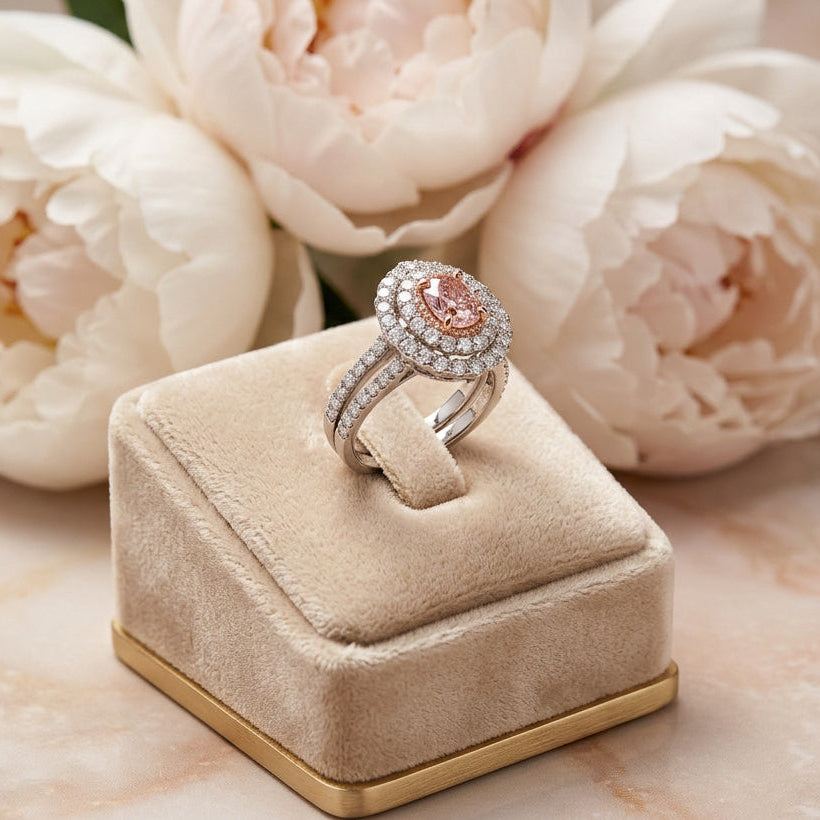 14ct White/Rose Fancy Pink Diamond and Diamond Cluster Halo Ring