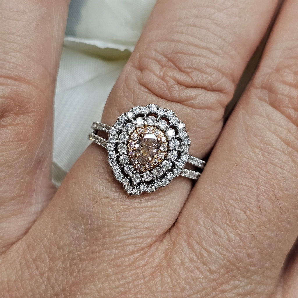 14ct White/Rose Fancy Pink Diamond and Diamond Cluster Halo Ring