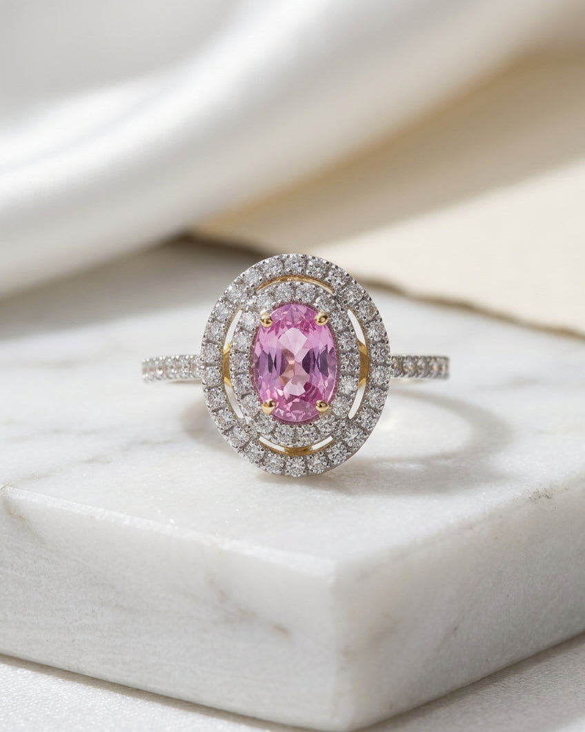 Pink Sapphire & Diamond Set ‘Double Halo’ Ring set in 14K Yellow Gold