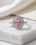 Pink Sapphire & Diamond Set ‘Double Halo’ Ring set in 14K Yellow Gold