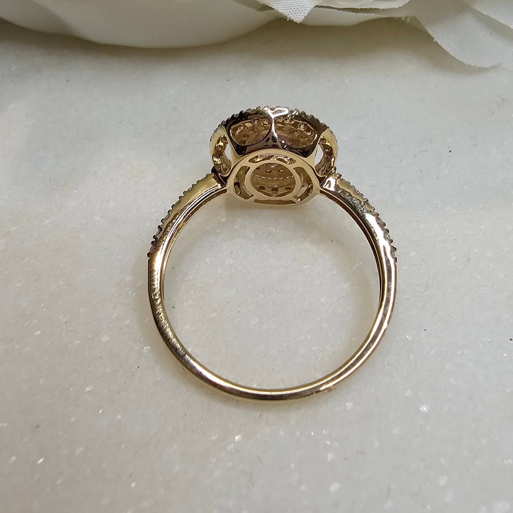 Pink Sapphire & Diamond Set ‘Double Halo’ Ring set in 14K Yellow Gold