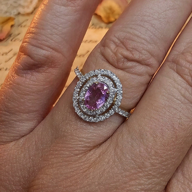 Pink Sapphire & Diamond Set ‘Double Halo’ Ring set in 14K Yellow Gold