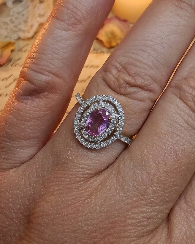 Pink Sapphire & Diamond Set ‘Double Halo’ Ring.