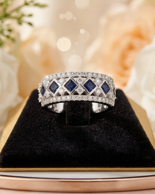 Blue Sapphire and Diamond Multi Row Statement Ring