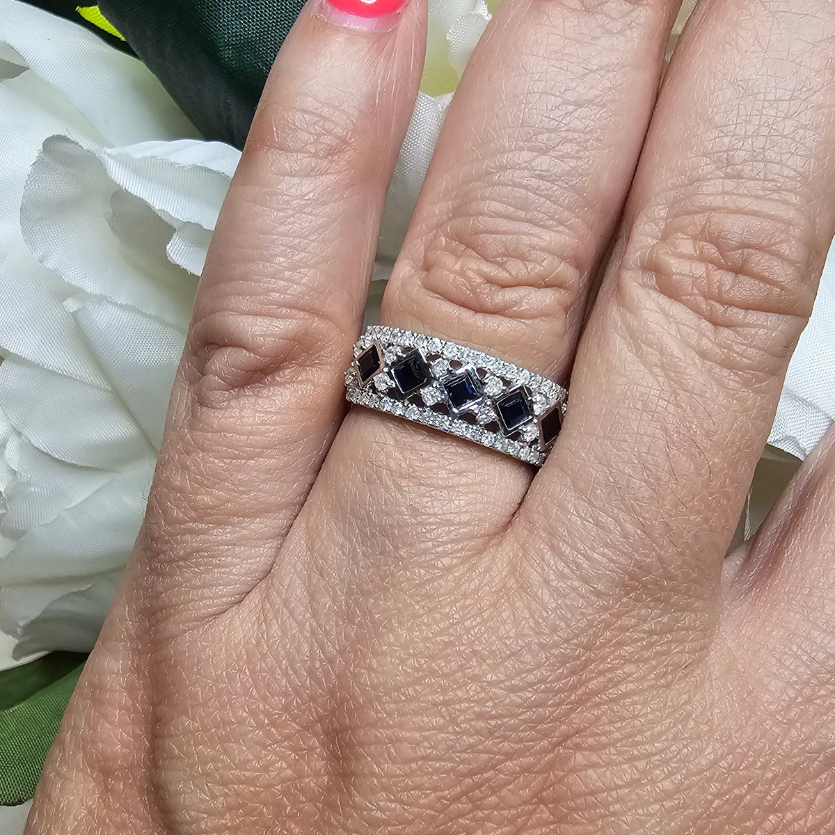 Blue Sapphire and Diamond Multi Row Statement Ring