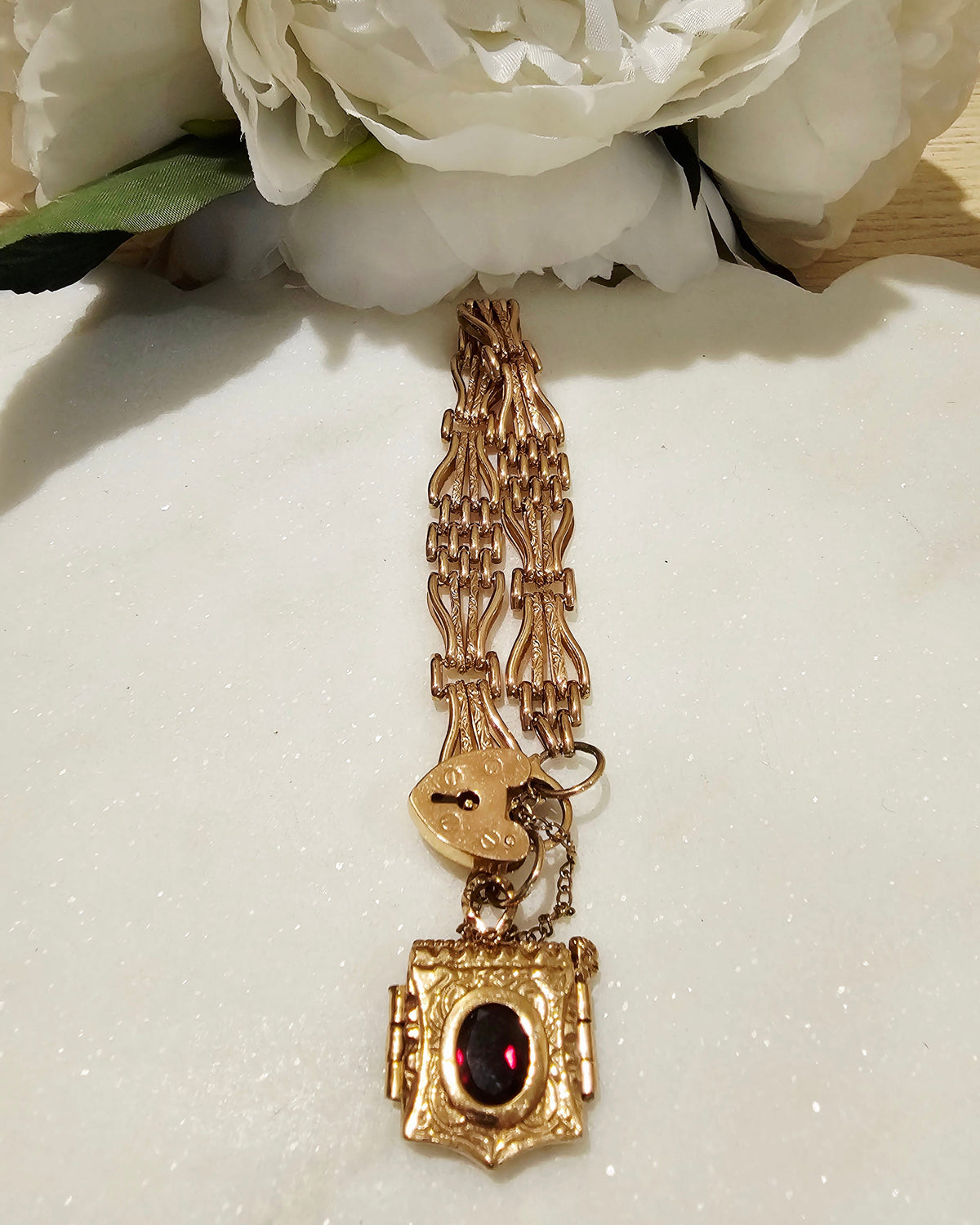 9ct Rose Gold 4 Bar Gate Bracelet with Garnet Locket