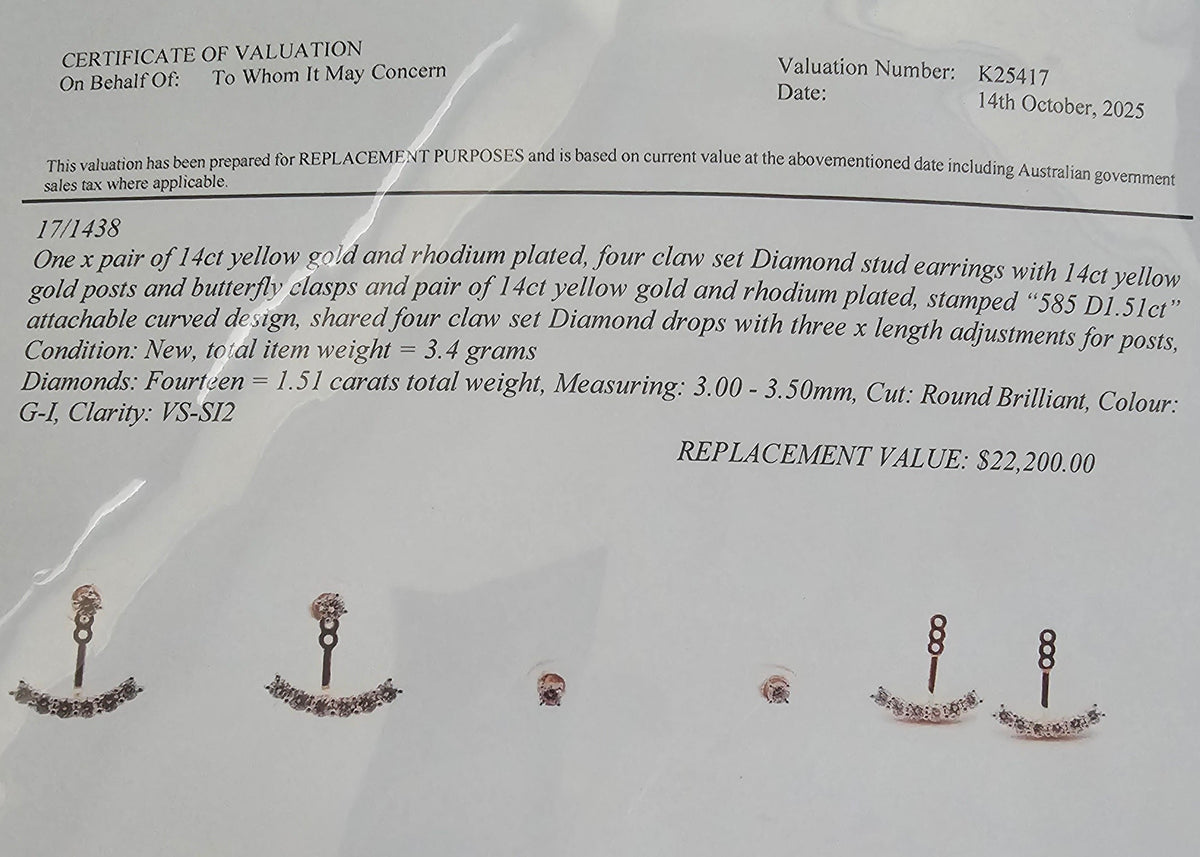 14K Yellow Gold 14 Round Diamond Multi Wear Stud Earrings