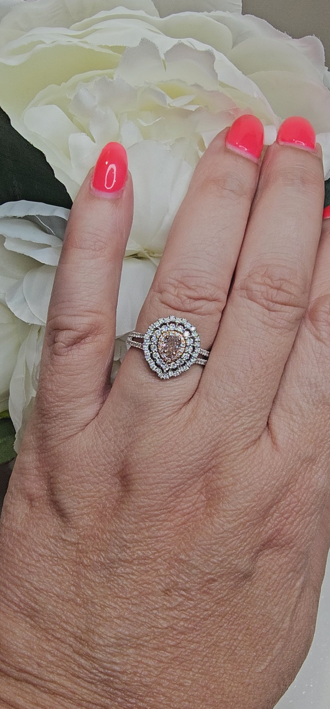 14ct White/Rose Fancy Pink Diamond and Diamond Cluster Halo Ring