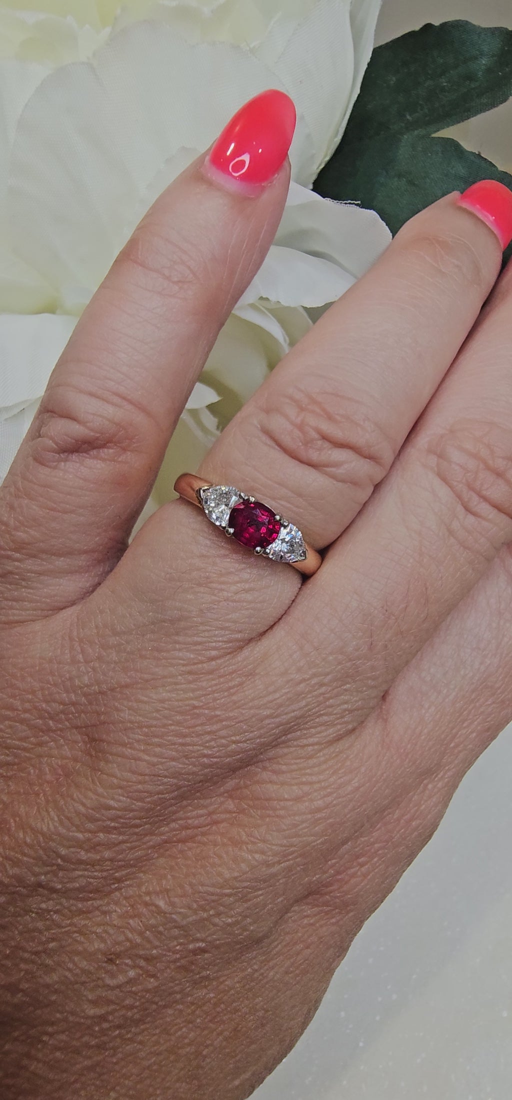 18ct Rose / White gold 3 stone Ruby & Diamond ring