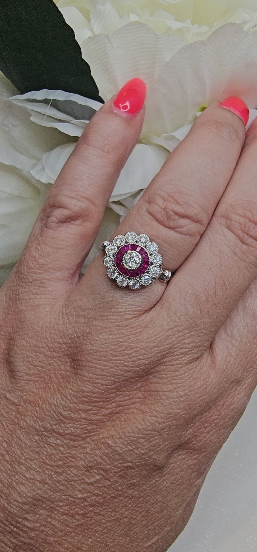 Old Mine Cut Diamond and Ruby Baguette Halo Cluster Ring