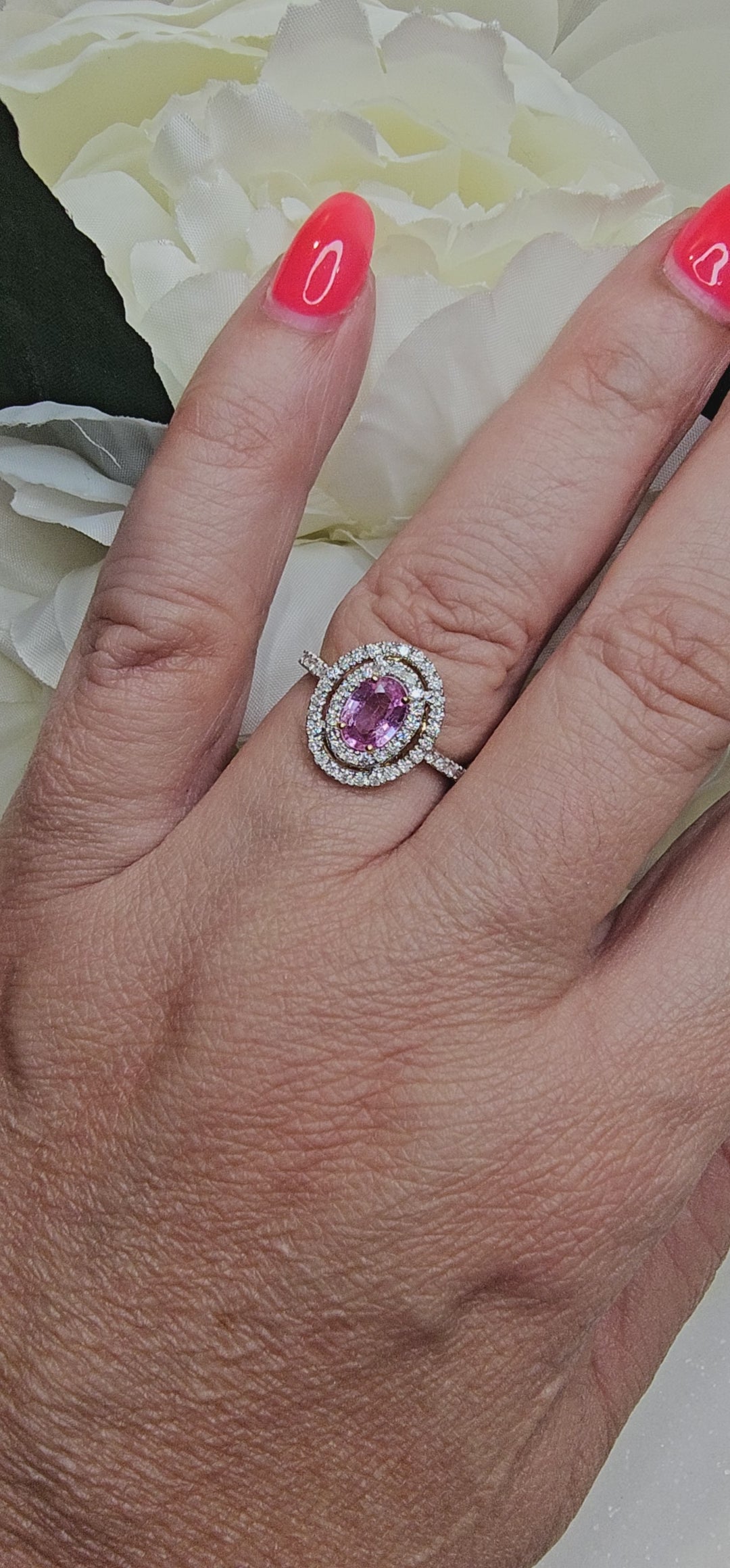 Pink Sapphire & Diamond Set ‘Double Halo’ Ring.
