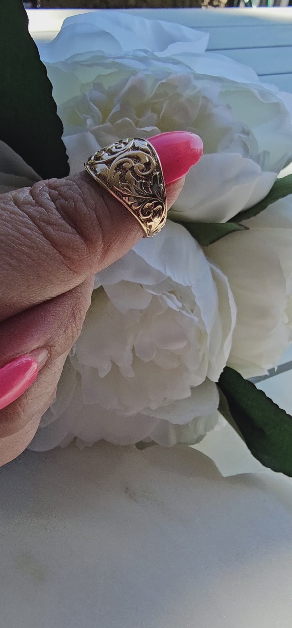 9ct Rose Gold dome ring with embossed scrollwork