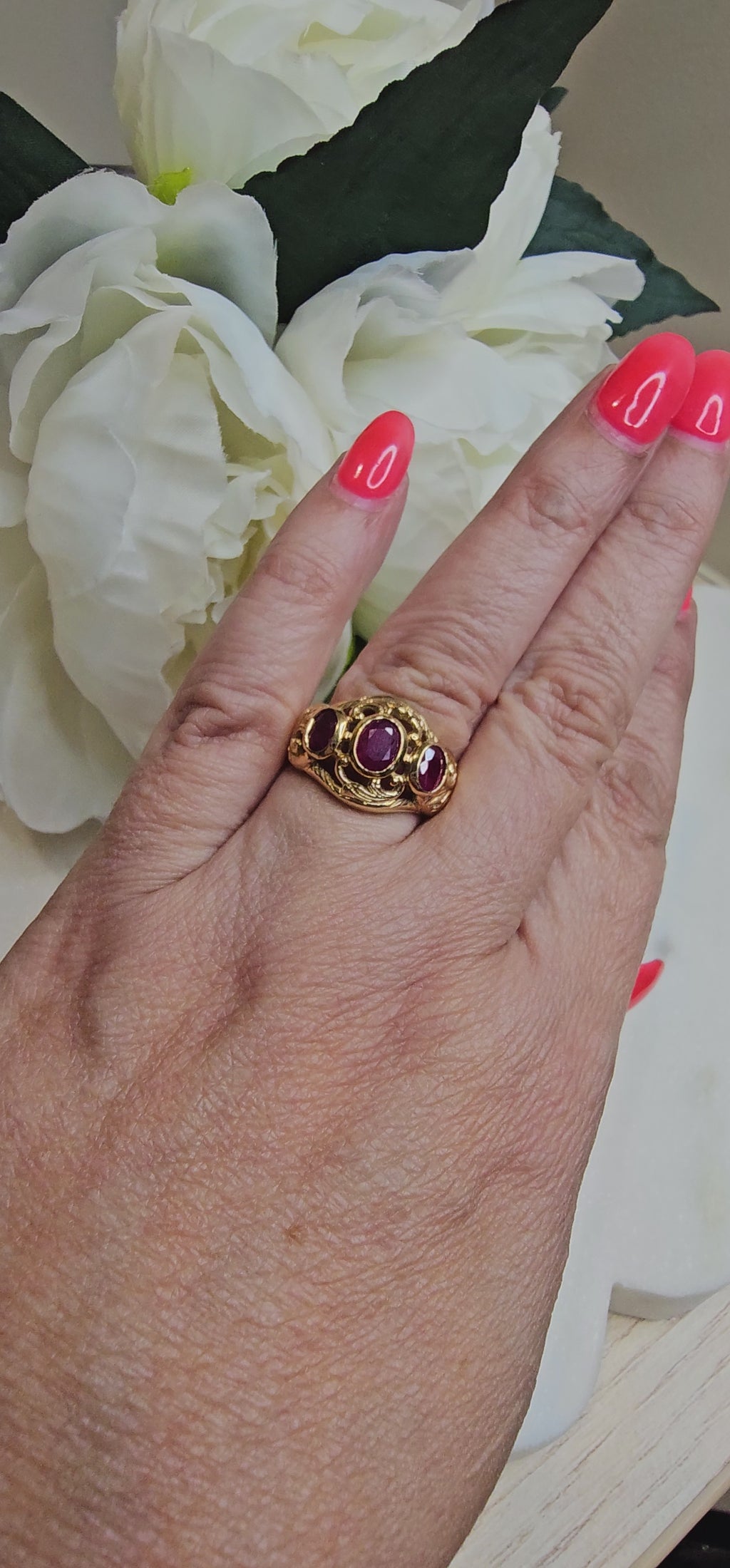 Ruby Ring 3 Stone set in 9ct Yellow Gold