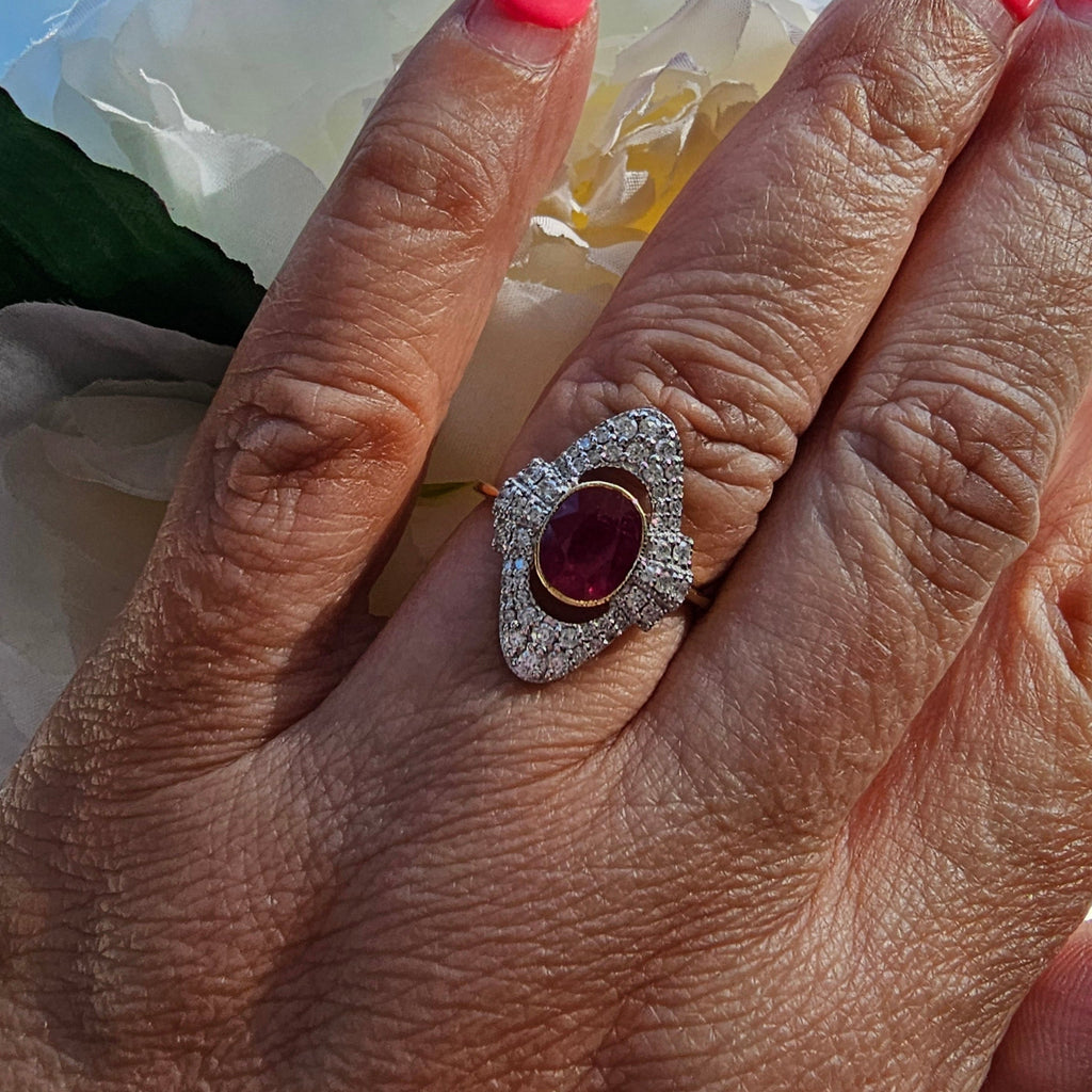 1.75 Carat Ruby and Diamond Ring in 14Ct Yellow Gold - Art Deco Style