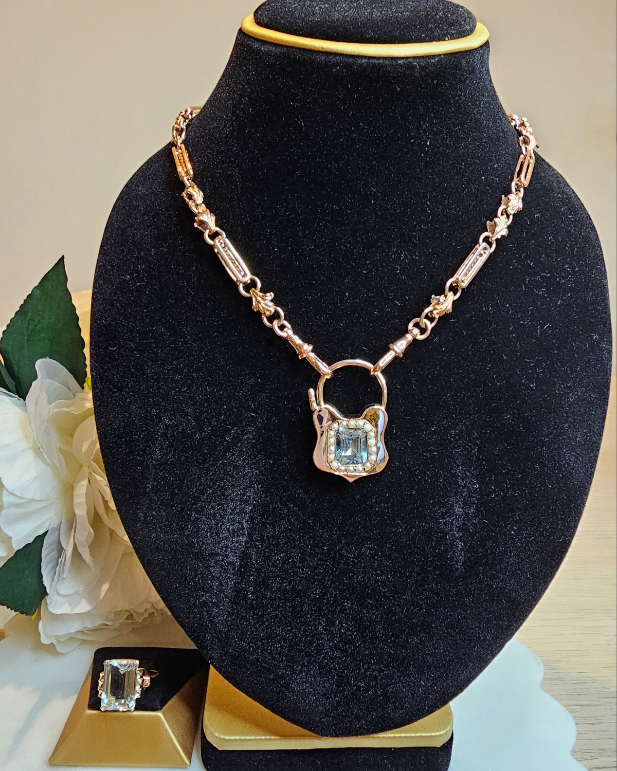 9ct Rose Gold Aquamarine and Seed Pearl Padlock