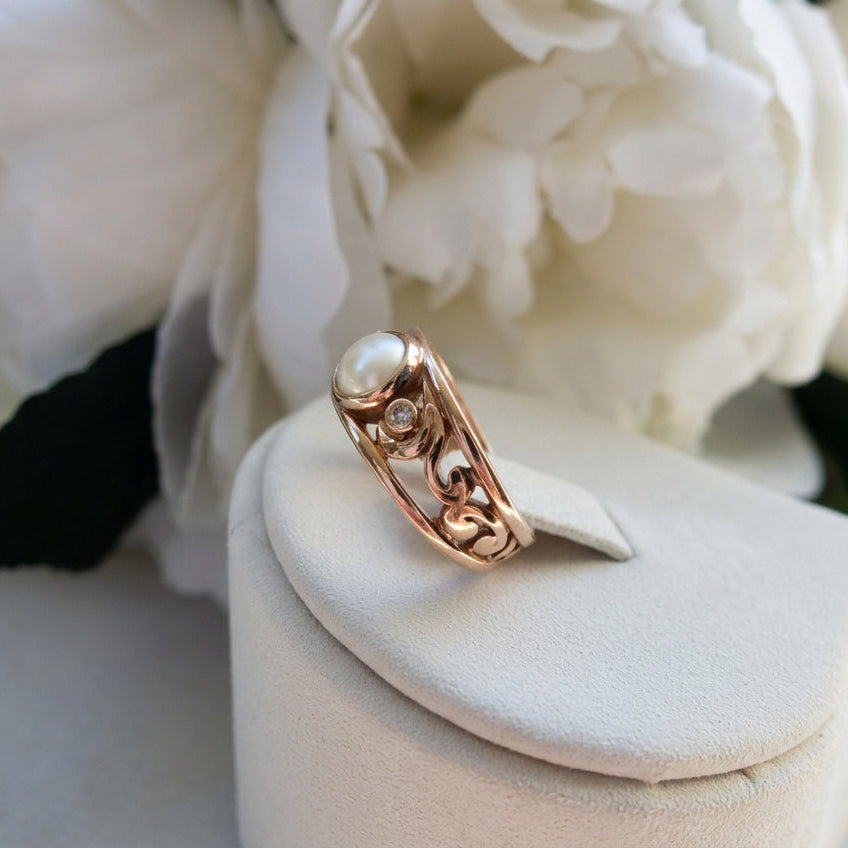 9ct Rose Gold Pearl and Diamond Accent Ring