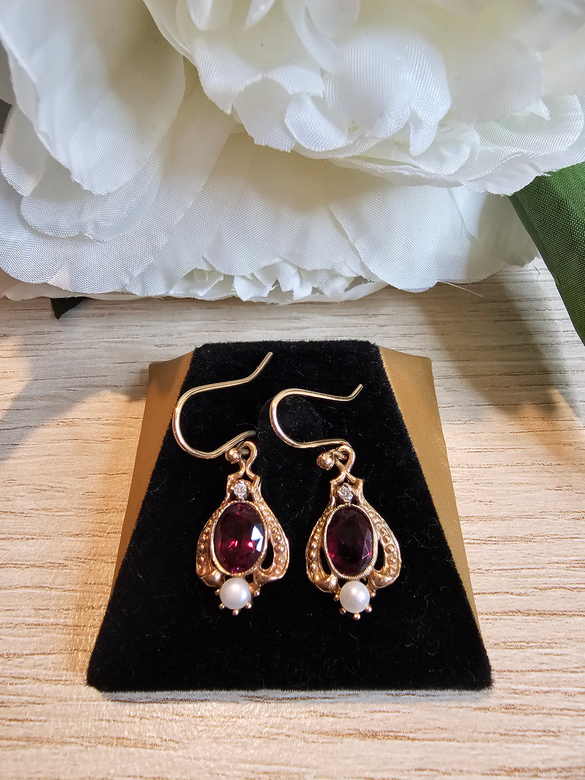 9ct Rose Gold Pinkish Red Rhodolite Garnet and Seed Pearl Drop Earrings