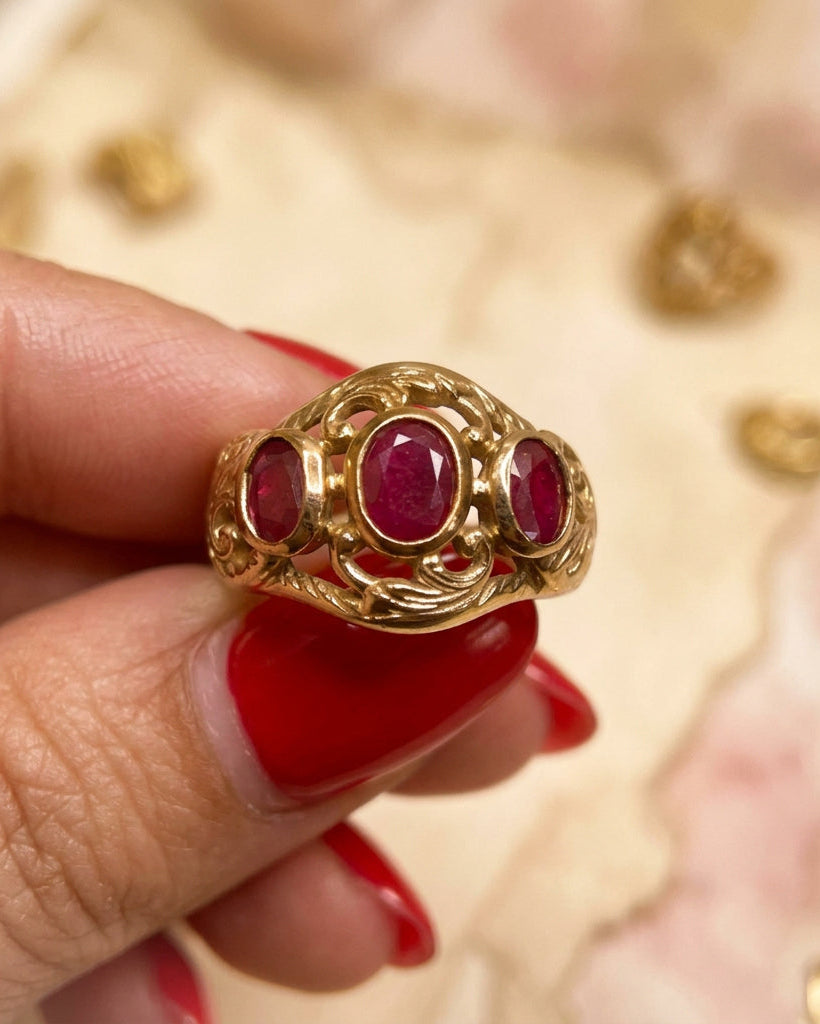 Ruby Ring 3 Stone set in 9ct Yellow Gold