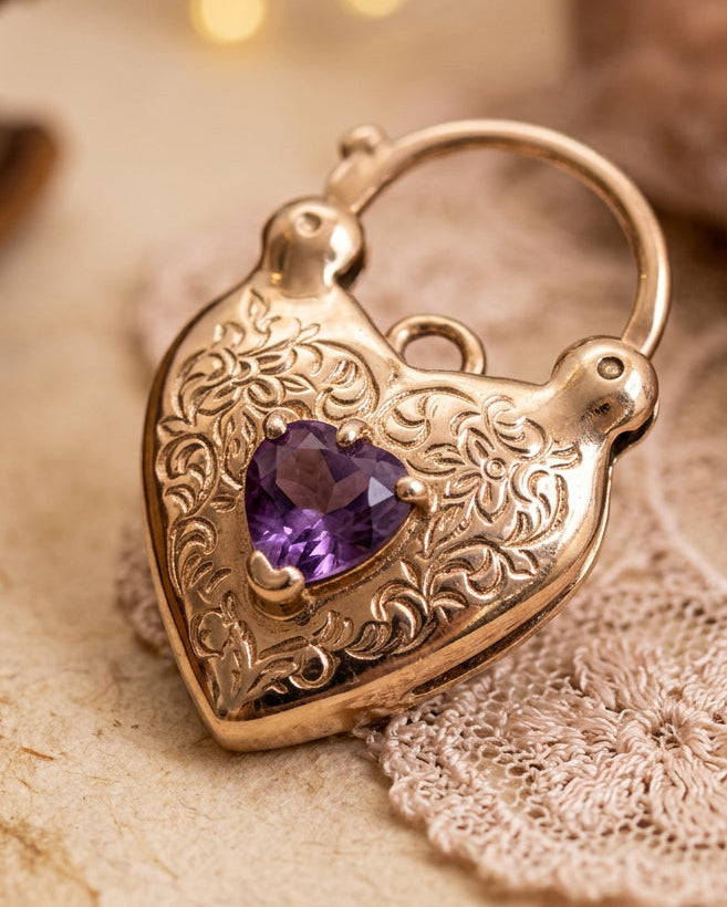 9ct Rose Gold Heart Shaped Amethyst Padlock Pendant