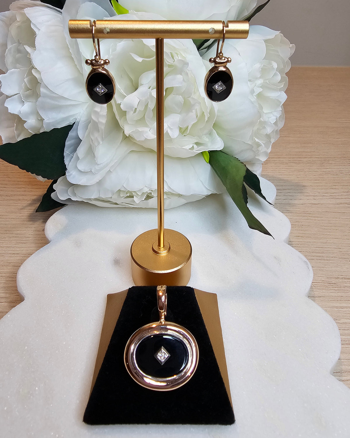 9ct Rose Gold Onyx and Diamond Drop Earrings