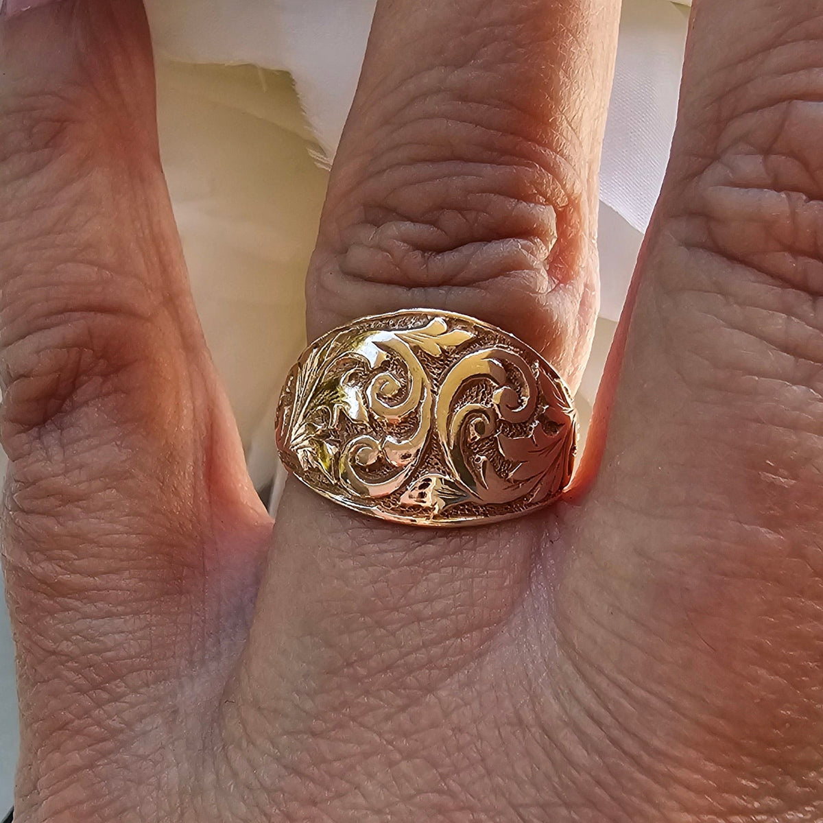 9ct Rose Gold dome ring with embossed scrollwork