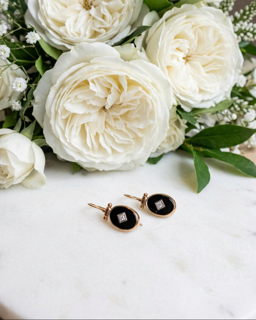 9ct Rose Gold Onyx and Diamond Drop Earrings