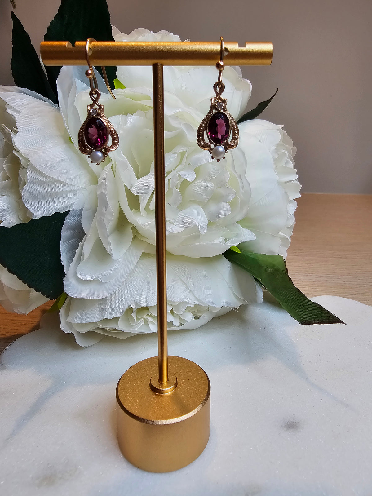 9ct Rose Gold Pinkish Red Rhodolite Garnet and Seed Pearl Drop Earrings