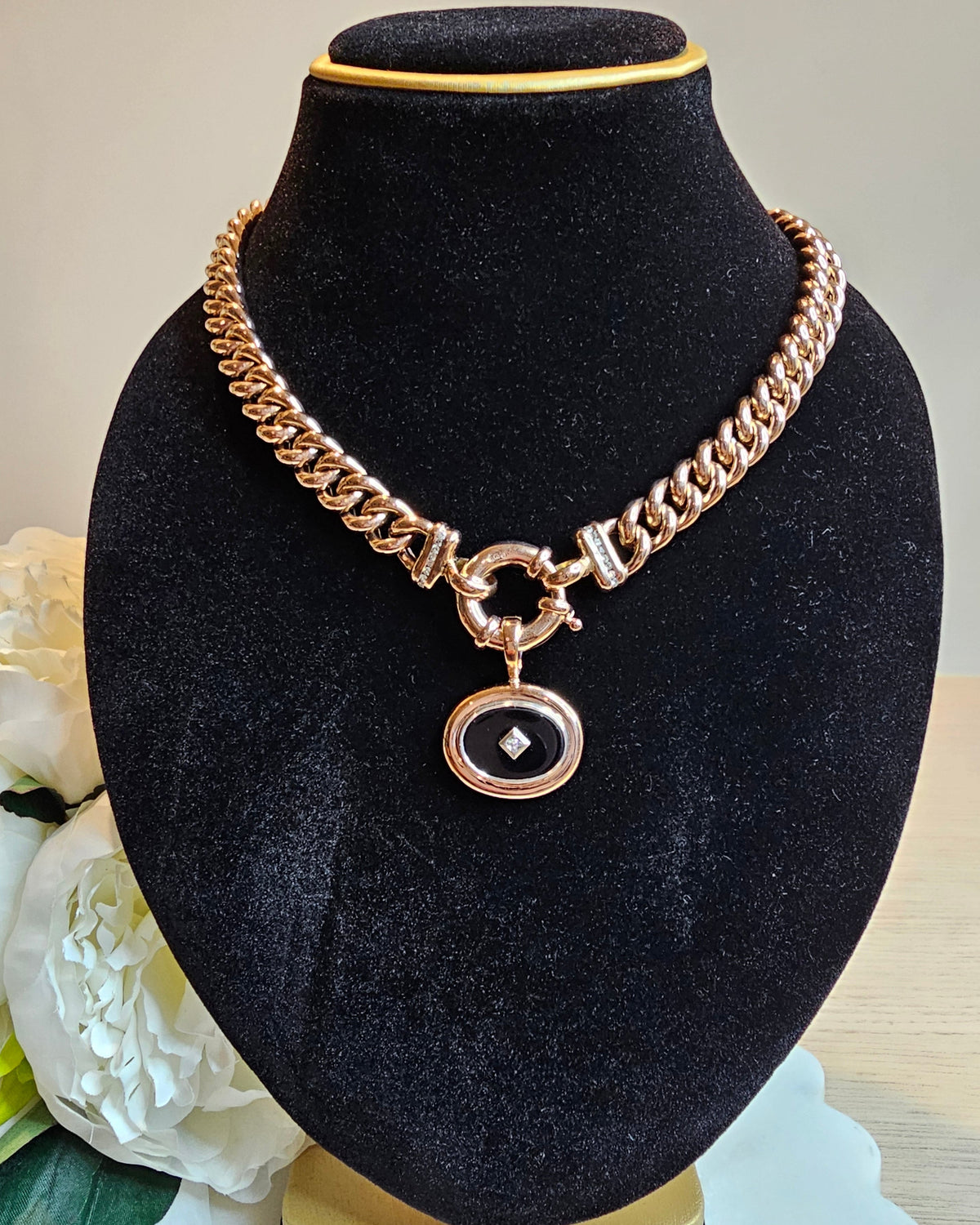 9ct Rose Gold Onyx and Diamond Enhancer Pendant