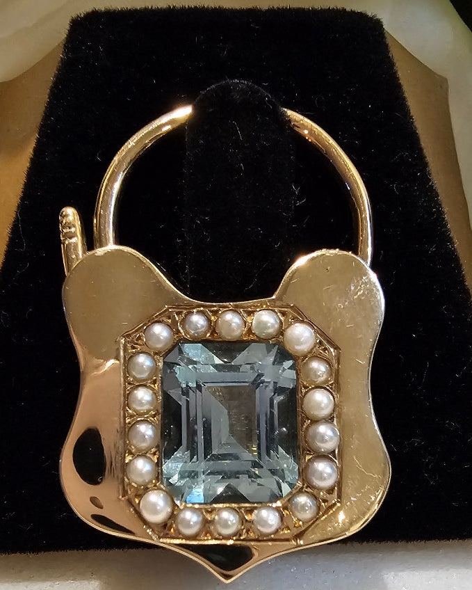 9ct Rose Gold Aquamarine and Seed Pearl Padlock