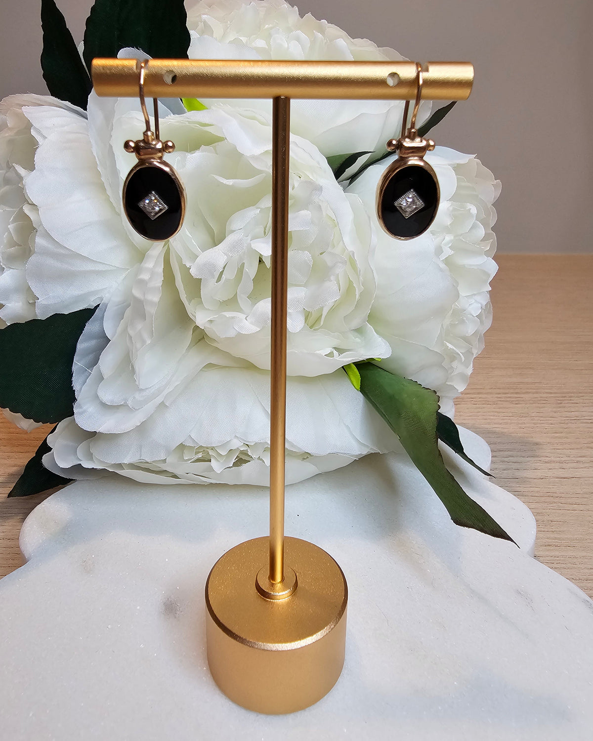 9ct Rose Gold Onyx and Diamond Drop Earrings