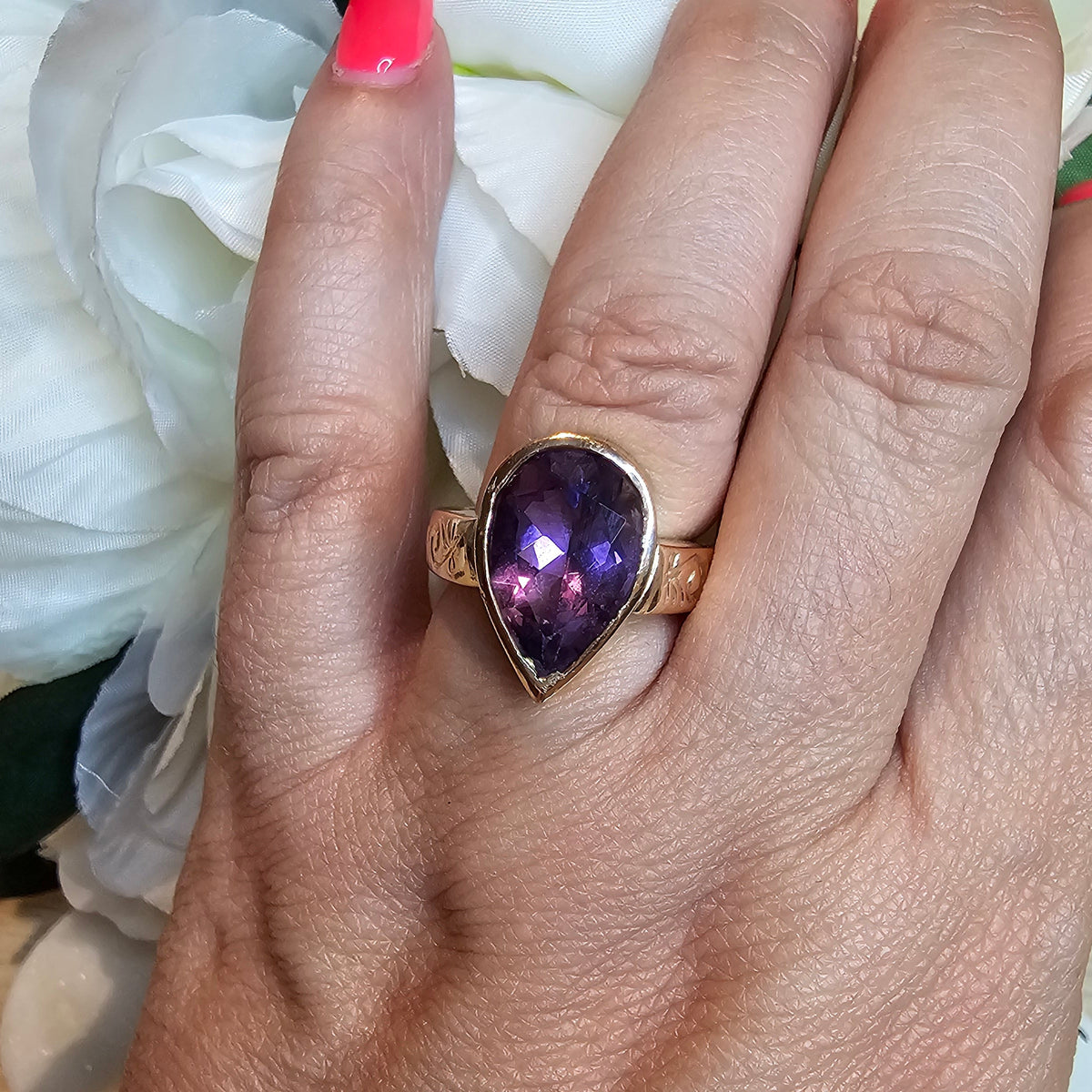 9ct Rose Gold Large Pear shaped Amethyst Ring