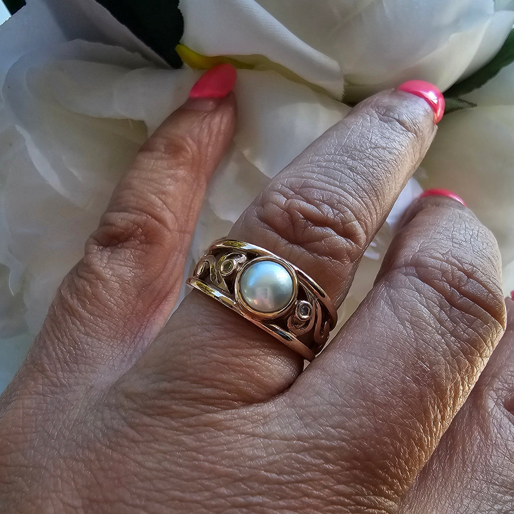 9ct Rose Gold Pearl and Diamond Accent Ring