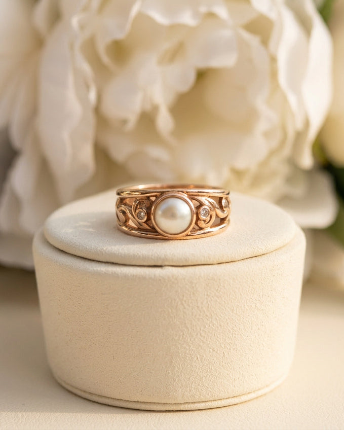 9ct Rose Gold Pearl and Diamond Accent Ring